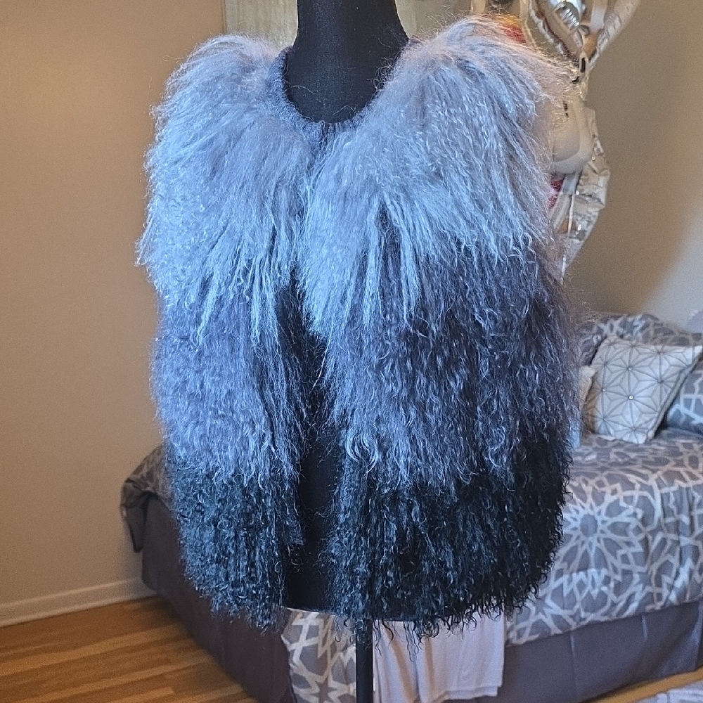 NWOT Vintage Grey and Black 100% Mongolian Lamb Merino Wool Fur Vest